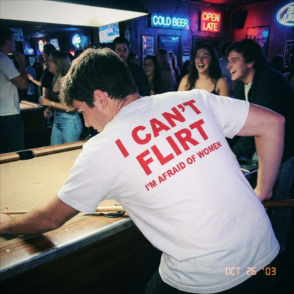 I CAN'T FLIRT I'M AFRAID OF WOMEN tee at the pool table