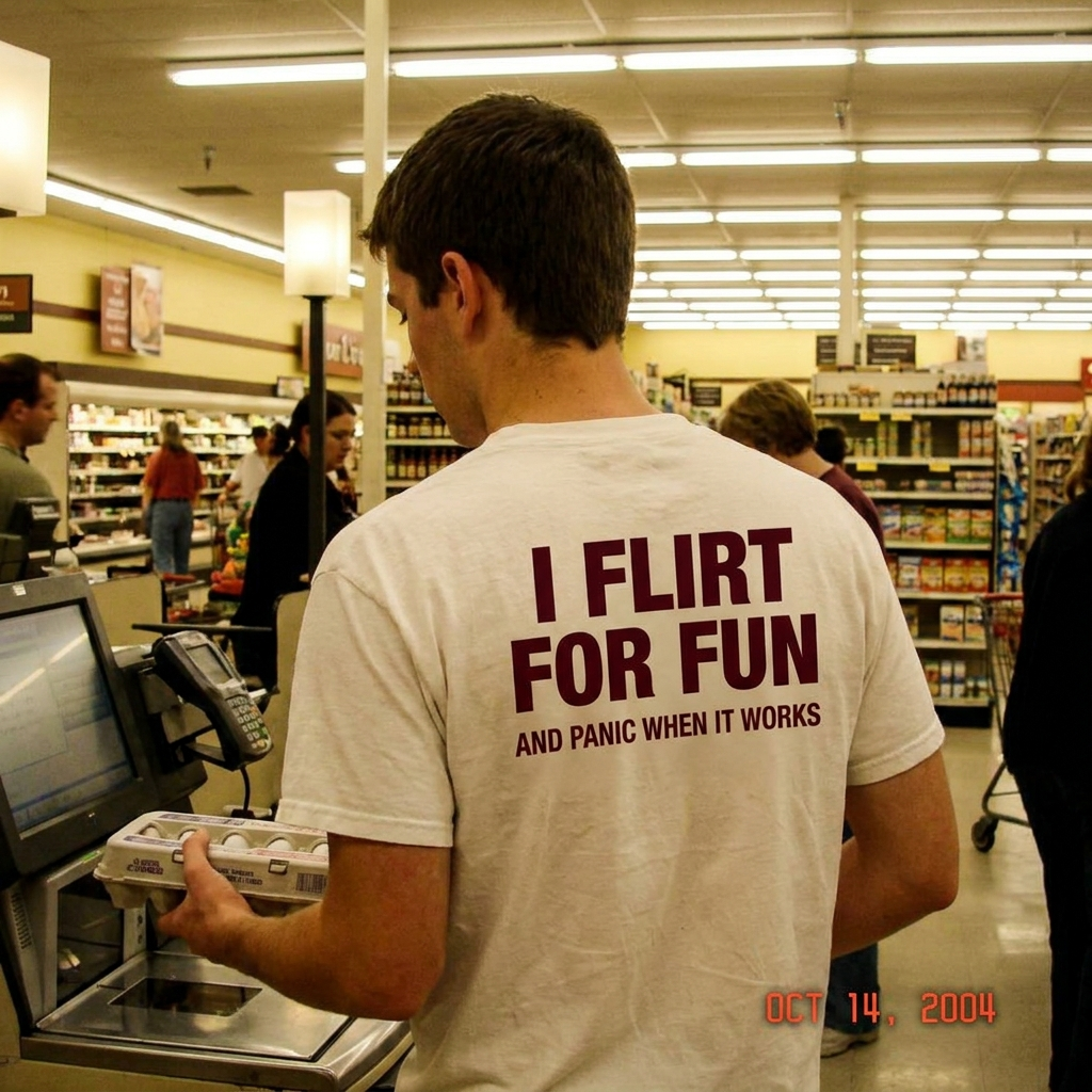 I FLIRT FOR FUN AND PANIC WHEN IT WORKS tee at self-checkout