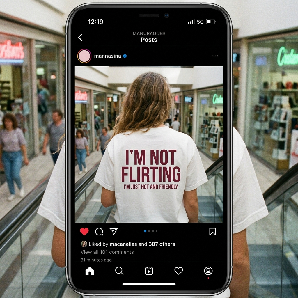 I'M NOT FLIRTING I'M JUST HOT AND FRIENDLY tee on the mall escalator