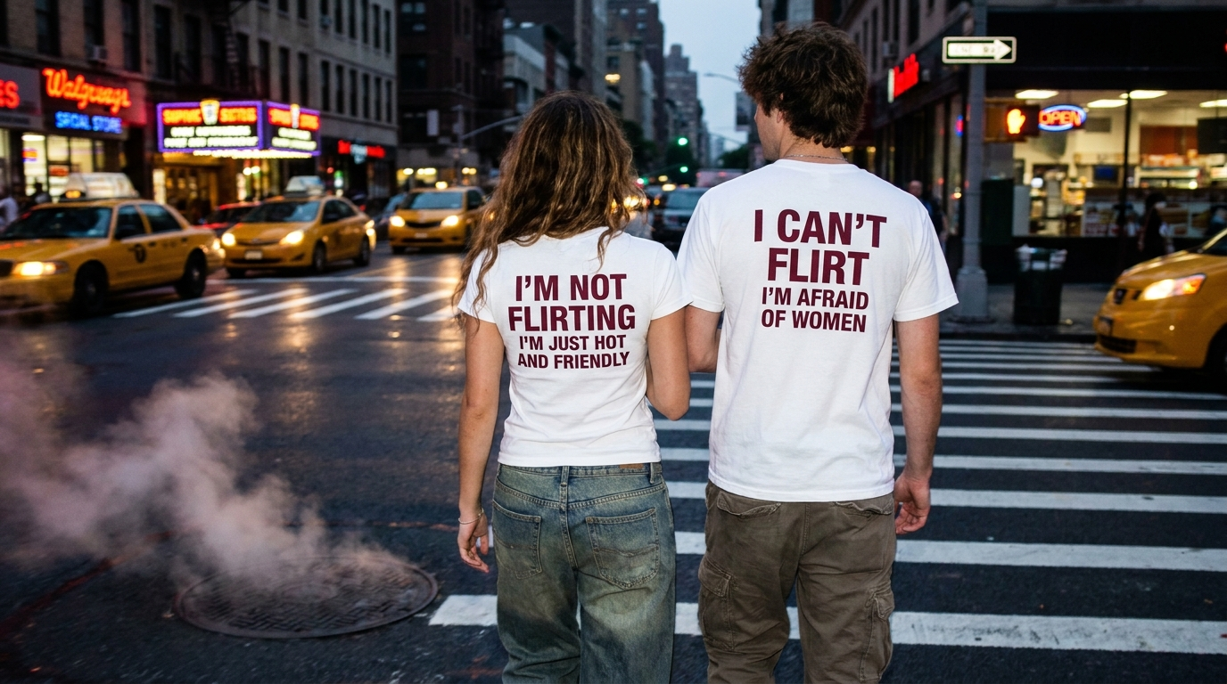 Couple in Phrased back-print tees crossing a NYC street